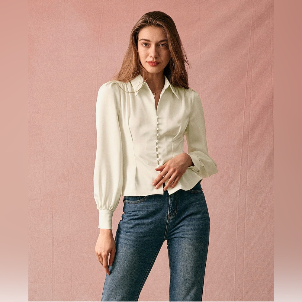 NWT RIHOAS The Solid Collared Puff Sleeve Satin Blouse Sz M